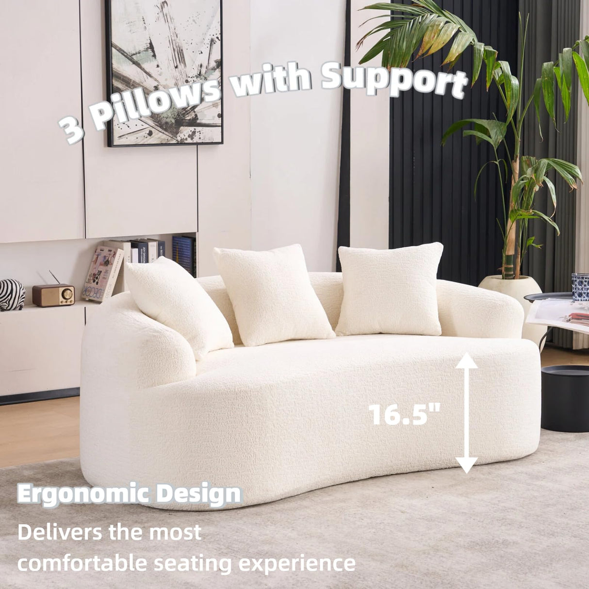 65" Curved Loveseat,Deep Seat Cloud Floor Couch with 3 Backrest,Cozy Chenille Fabric,Small Loveseat for Small Spaces,Bedroom,Office,Apartment Quorflax