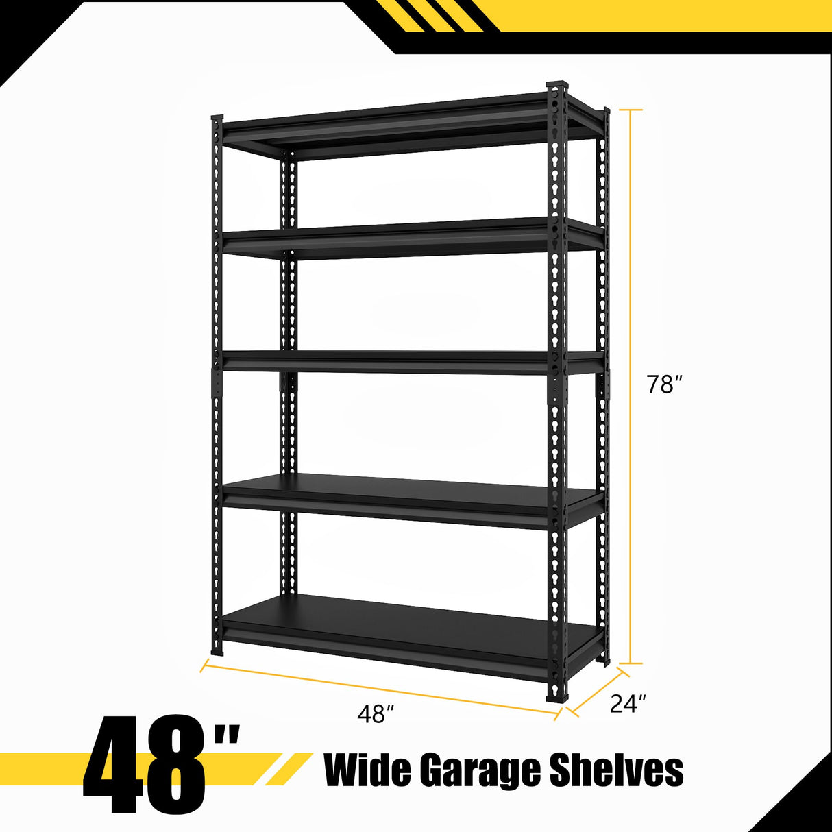 Rufokisa 48" W Garage Shelving Heavy Duty，3000LBS Loads Metal Shelving Units and Storage,5-Tier Garage Storage Shelves Heavy Duty, Industrial Utility Shelves,48”W x 24”D x 78”H(Black) Rufokisa