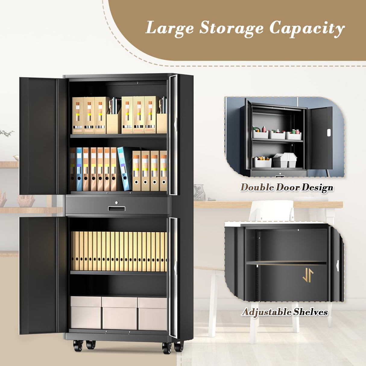 Athena Collection 4 Tier Storage Cabinet with Wheels, Large Capacity 73" Garage Metal Storage Cabinet with Drawer and Adjustable Shelves, Lockable Utility Tall Cabinet for Home Office, Black Athena Collection