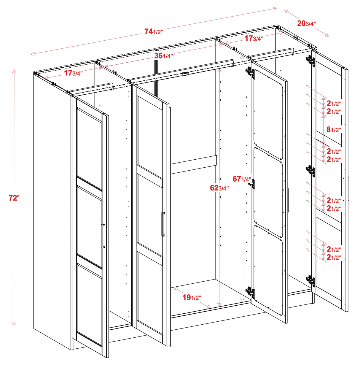Palace Imports 100% Solid Wood Cosmo 4-Door Wardrobe with Mirrored Doors, Clothing Rods, No Shelves, Black, 74.5" W x 72" H x 20.75" D, Renewable Eco-Friendly Wood, Made in Brazil Palace Imports
