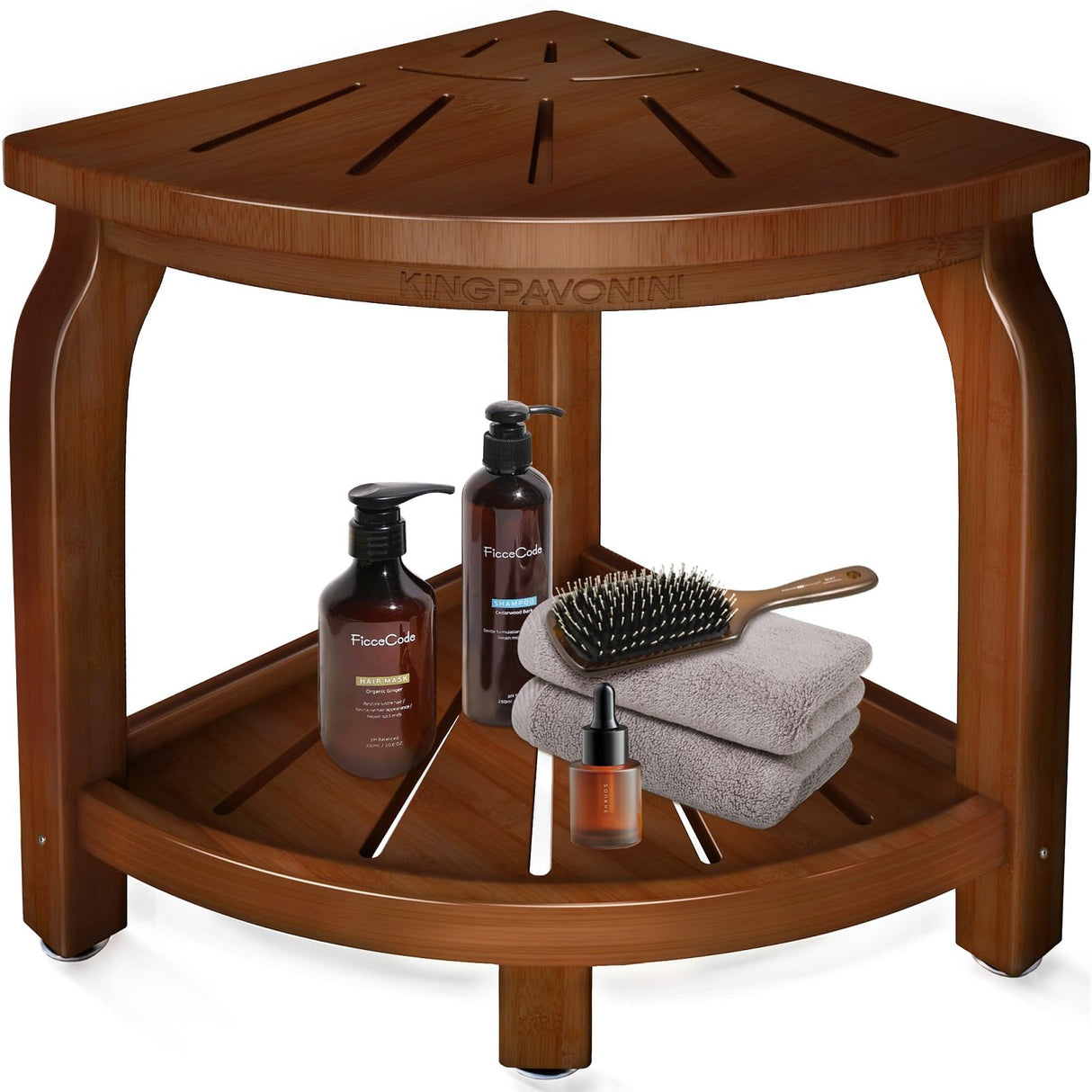 Bamboo Corner Shower Stool for Shaving Legs Foot Rest, Waterproof Bath Bench Seat with Storage Shelf for Bathroom Inside Shower, Hold Up to 450Lbs(Walnut) KingPavonini