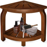 Bamboo Corner Shower Stool for Shaving Legs Foot Rest, Waterproof Bath Bench Seat with Storage Shelf for Bathroom Inside Shower, Hold Up to 450Lbs(Walnut) KingPavonini