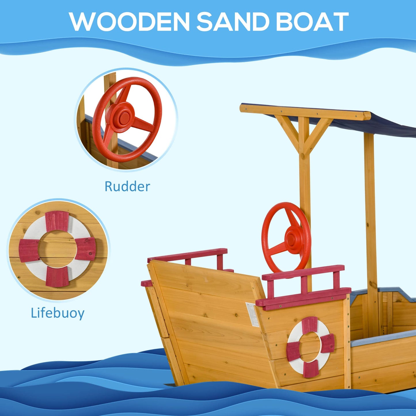 Outsunny Pirate Ship Sandbox with Cover and Rudder, Wooden Sandbox with Storage Bench and Seat, Outdoor Toy for Kids Ages 3-8 Years Old