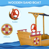 Outsunny Pirate Ship Sandbox with Cover and Rudder, Wooden Sandbox with Storage Bench and Seat, Outdoor Toy for Kids Ages 3-8 Years Old Outsunny