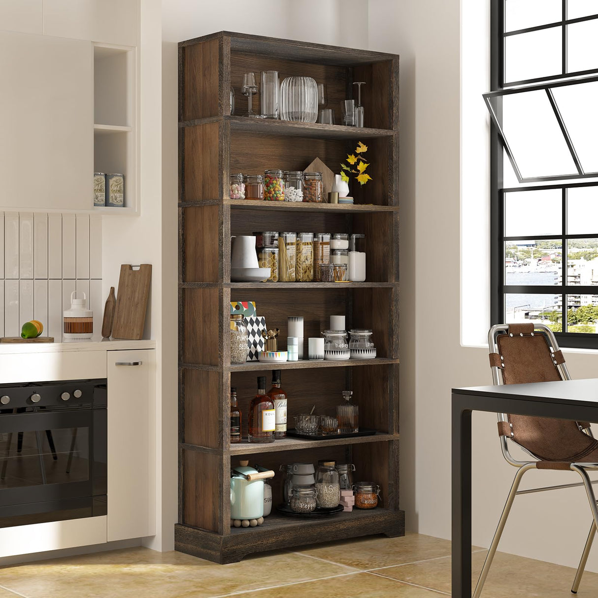 TVU 6-Tier Wooden Book Shelf, Floor-Standing Display Bookcase, 77.2" H x 31.5" W x 11" D Bookshelf, Farmhouse Style Book Case with Arched Base, Suitable for Living Room, Study, Office, Rustic Brown TVU