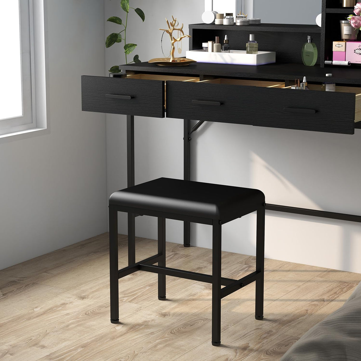 Vanity Table with Lighted Mirror, 3 Drawers Makeup Desk Dressing Table with Lots Storage Vanity Set with Wider Cushioned Stool for Bedroom (Black) Panana