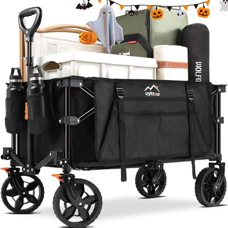 Uyittour Wagon Cart Heavy Duty Foldable, Collapsible Folding Wagon with Compact Folding Design, Utility Grocery Wagon with Side Pocket and Brakes for Shopping, Sports, Camping and Garden Uyittour