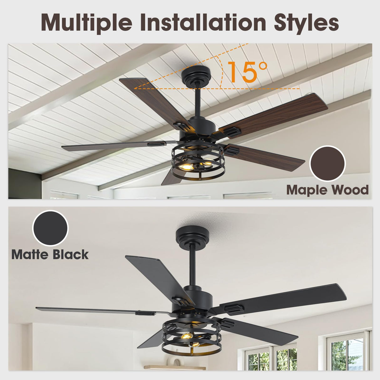Vaczon 52" Farmhouse Ceiling Fans with Lights and Remote, Outdoor Ceiling Fan Dual Finish 5 Blades 6-Speed Quiet and Reversible DC Motor, Ceiling Fan with Light for Bedroom Living Room and Patio Vaczon