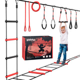 Hapfan Ninja Warrior Obstacle Course for Kids with Rickety Bridge, 50 FT Slackline Kit with Weather-Proof Obstacles, Outdoor Jungle Gym Climbing Toys for Backyard Hapfan