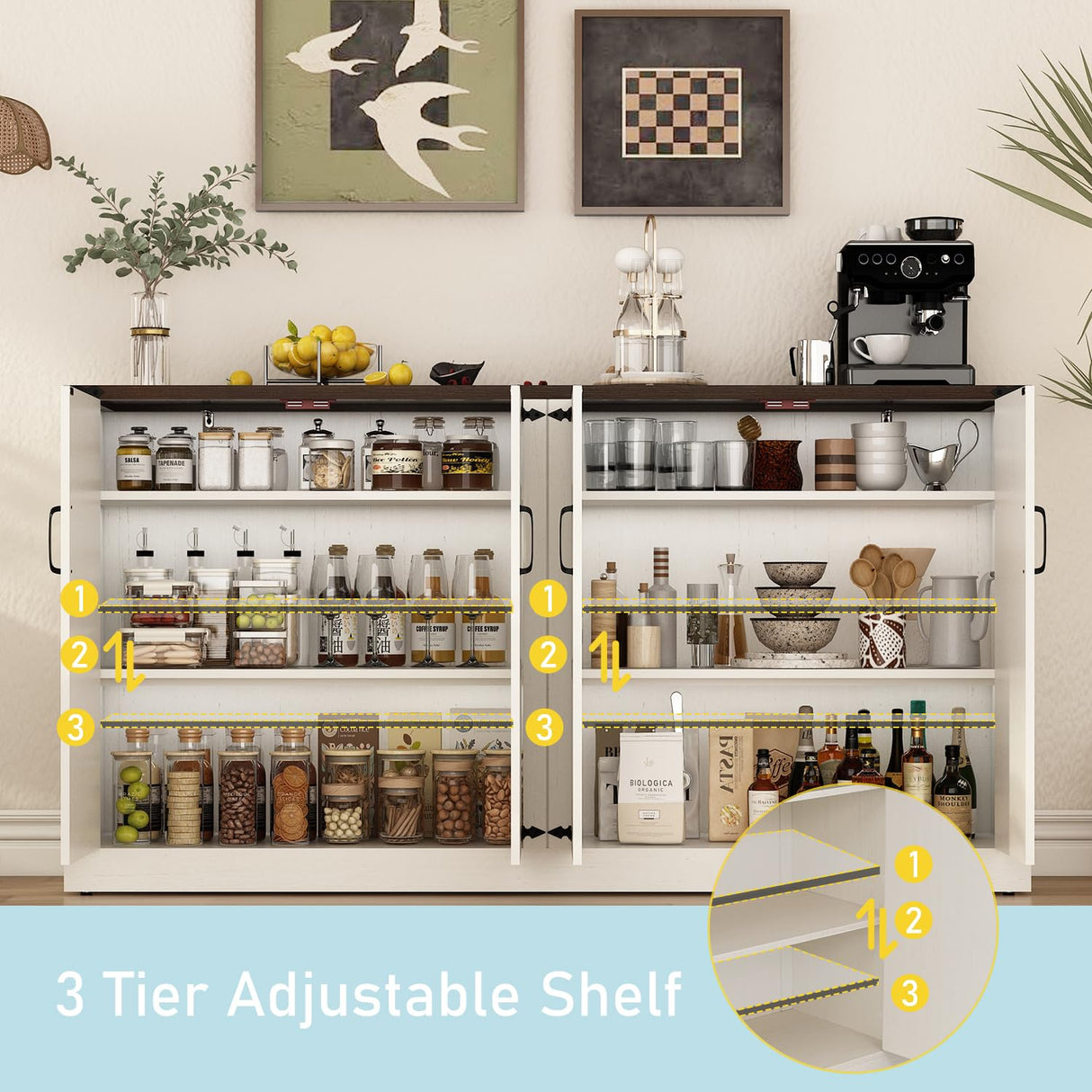 Sideboard Buffet Cabinet with Storage - 65’’ Large Farmhouse Buffet Table Coffee Bar Cabinets, Modern Accent Cabinet with Adjustable Shelf and 4 Doors, for Kitchen, Dining Room, Living Room, White chartustriable