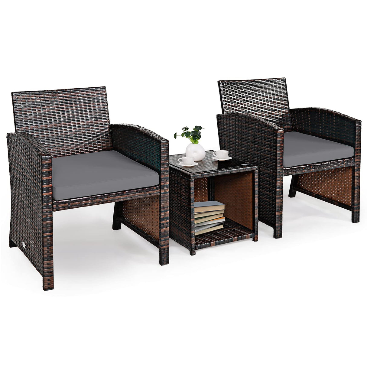 Tangkula 3-Piece Outdoor PE Rattan Furniture Set, Patio Conversation Set w/Chair & Storage Coffee Table, Detachable Cushion, Stable X-Shaped Frame, Perfect for Garden, Backyard, Poolside (Grey) Tangkula