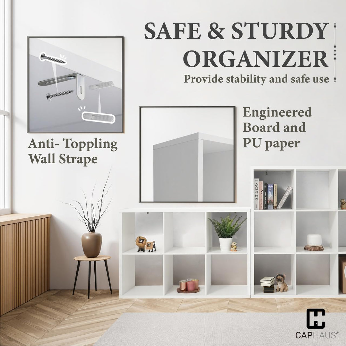 CAPHAUS Sturdy Room 13-Inch Cube Storage Organizer Shelf, with Extra Thick Exterior Edge, Open Storage Shelf Divider, Bookcase, 8-Cube, White CAPHAUS