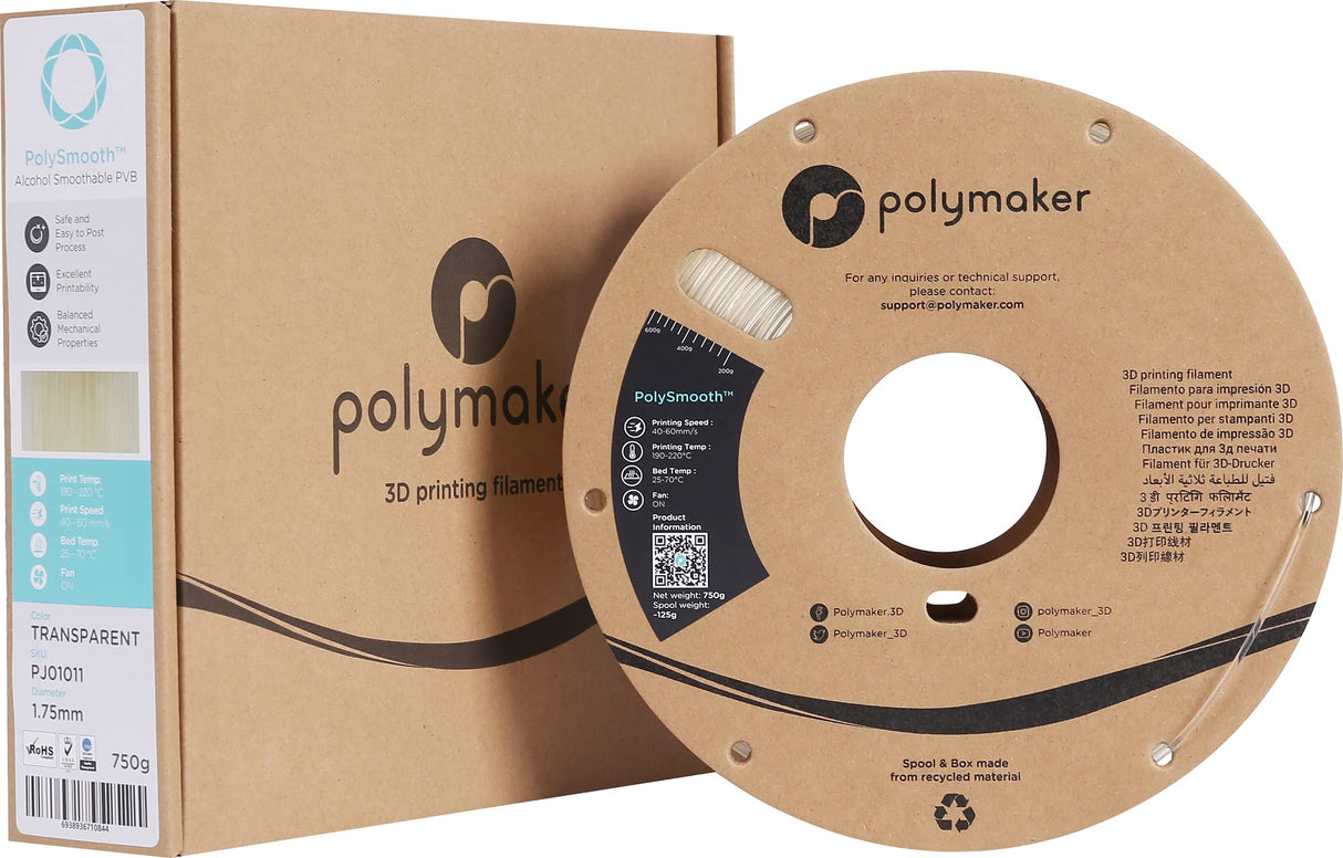 Polymaker PolySmooth PVB Filament 1.75mm 0.75kg Transparent - Print Like PLA Filament, Easy Smoothable Post Process with IPA Alcohol, Work with Polysher POLYMAKER