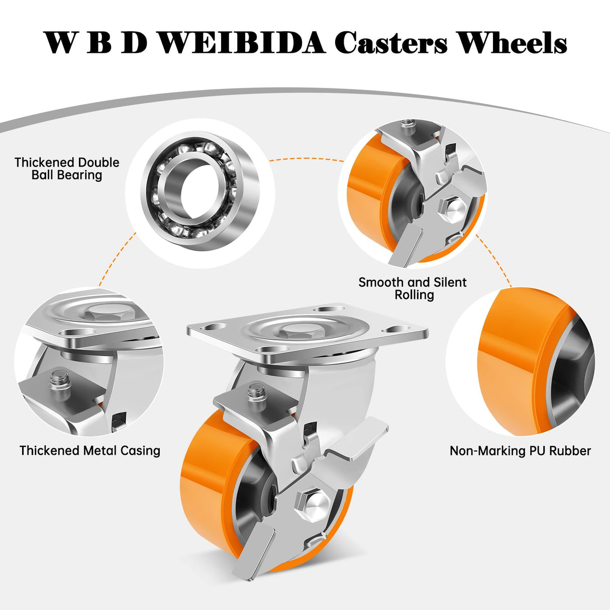 W B D WEIBIDA 4-Inch Industrial Grade Casters Wheels, Heavy Duty Casters Set of 4 with Brake 3200 Lbs, Maintenance-Free Polyurethane on Aluminum Wheels, Plate Swivel Casters for Machine, Workbench W B D WEIBIDA