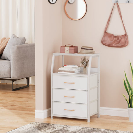 Furnulem White Nightstand with 3 Drawers and 2-Tier Shelf, Small Night Stand End Table Side Furniture, Fabric Storage Organizer for Bedroom, Closet, Hallway, Nursery, Sturdy Steel Frame, Wood Top Furnulem