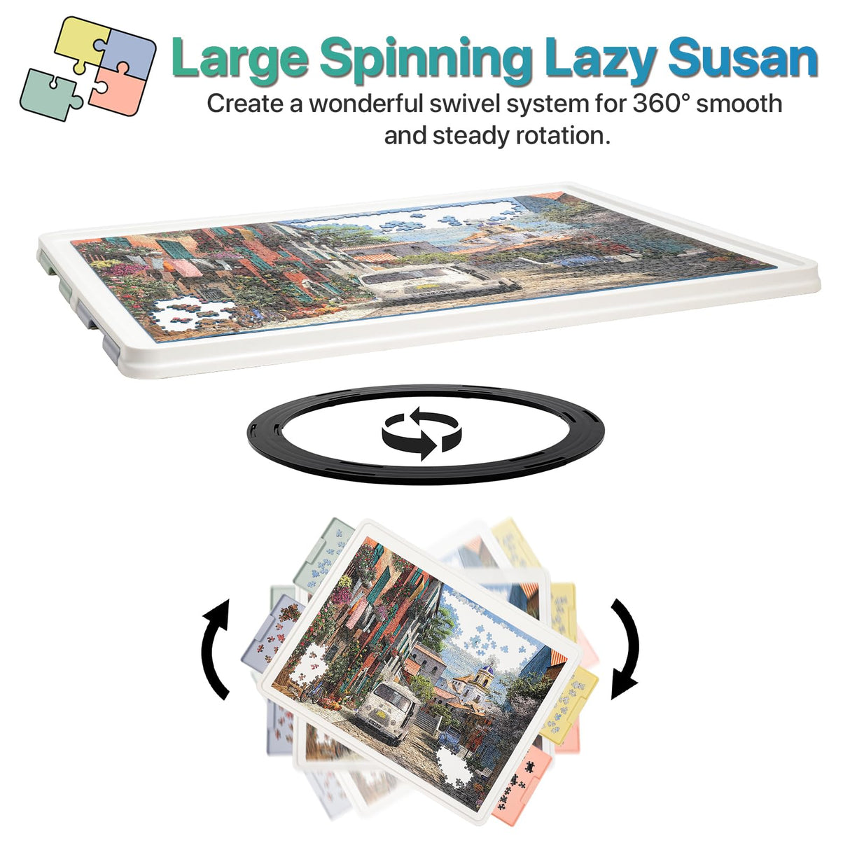 Playboda 1500 Pieces Rotating Plastic Puzzle Board with Drawers and Cover, 35"x27" Portable Jigsaw Puzzle Table for Adults, Lazy Susan Spinning Puzzle Boards, Multicolor (Patent Design) Playboda