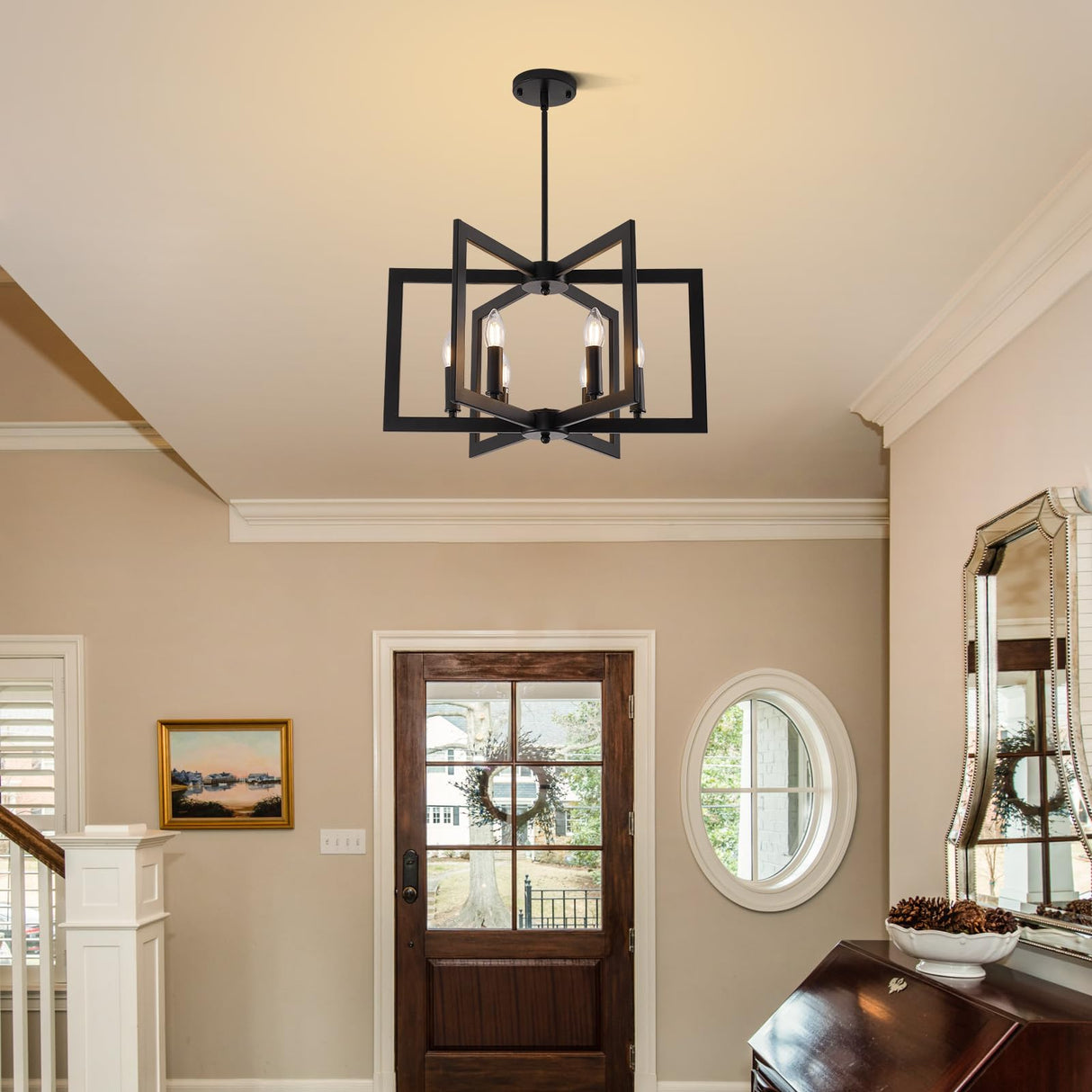 21.6" Black Farmhouse Chandelier,6-Light Geometric Dining Room Fixture,Modern Industrial Foyer Lighting Fixtures,Rustic Farmhouse Hanging Pendant Lights for Kitchen Island,Living Room,Bedroom,Entryway UnicozoHome