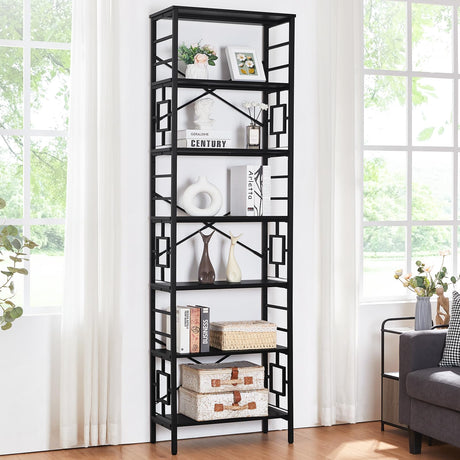 HOMISSUE Tall Bookshelf, 84 Inch Industrial Bookshelf with Metal Frame and Open Shelves, 7 Tier Metal Bookshelves and Bookcases, Rustic Tall Book Shelf for Office, Living Room and Bedroom, Black HOMISSUE