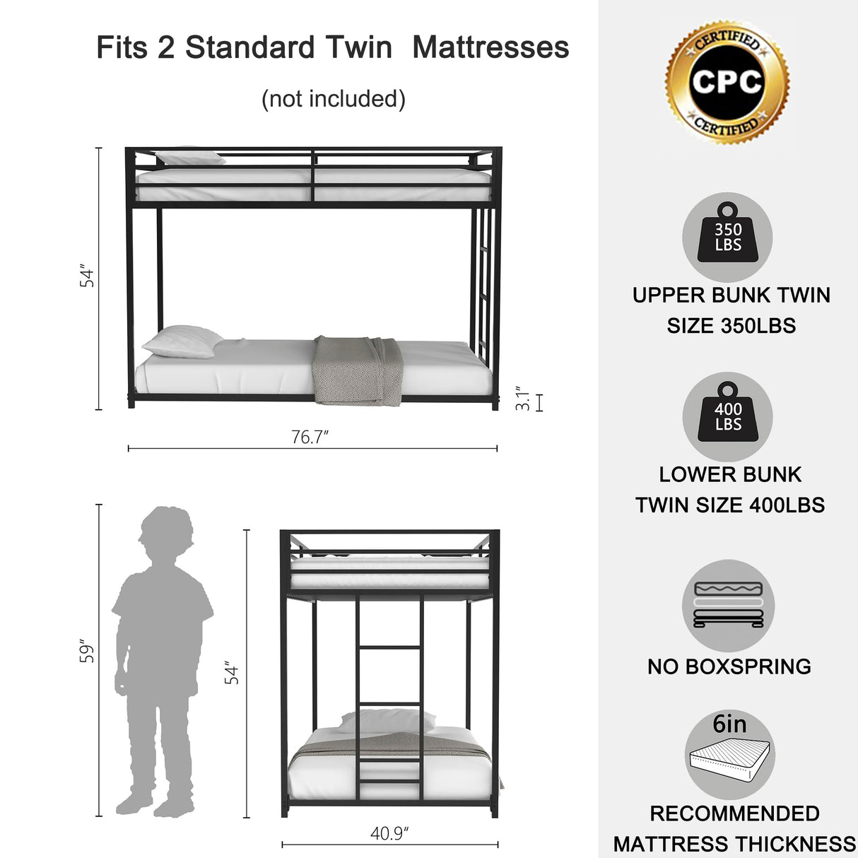 HXERY Bunk Bed Twin Over Twin, 54" Inch Metal Floor Bunk Bed with 11" Guardrails and Convertible Side Ladder. Black HXERY