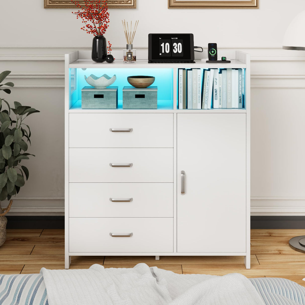 Whalefall 4-Drawer Tall Dresser with Charging Station & LED Lights - Modern Wood Chest of Drawers for Bedroom, Living Room, Hallway, or Entryway, Sturdy Storage Furniture (White) Whalefall