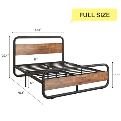 Catrimown Full Size Bed Frame, Metal Full Bed Frame with LED Headboard and Footboard, Rustic Industrial Heavy Duty Wooden Platform Bed Frame with Under Bed Storage, Noise Free, No Box Spring Needed