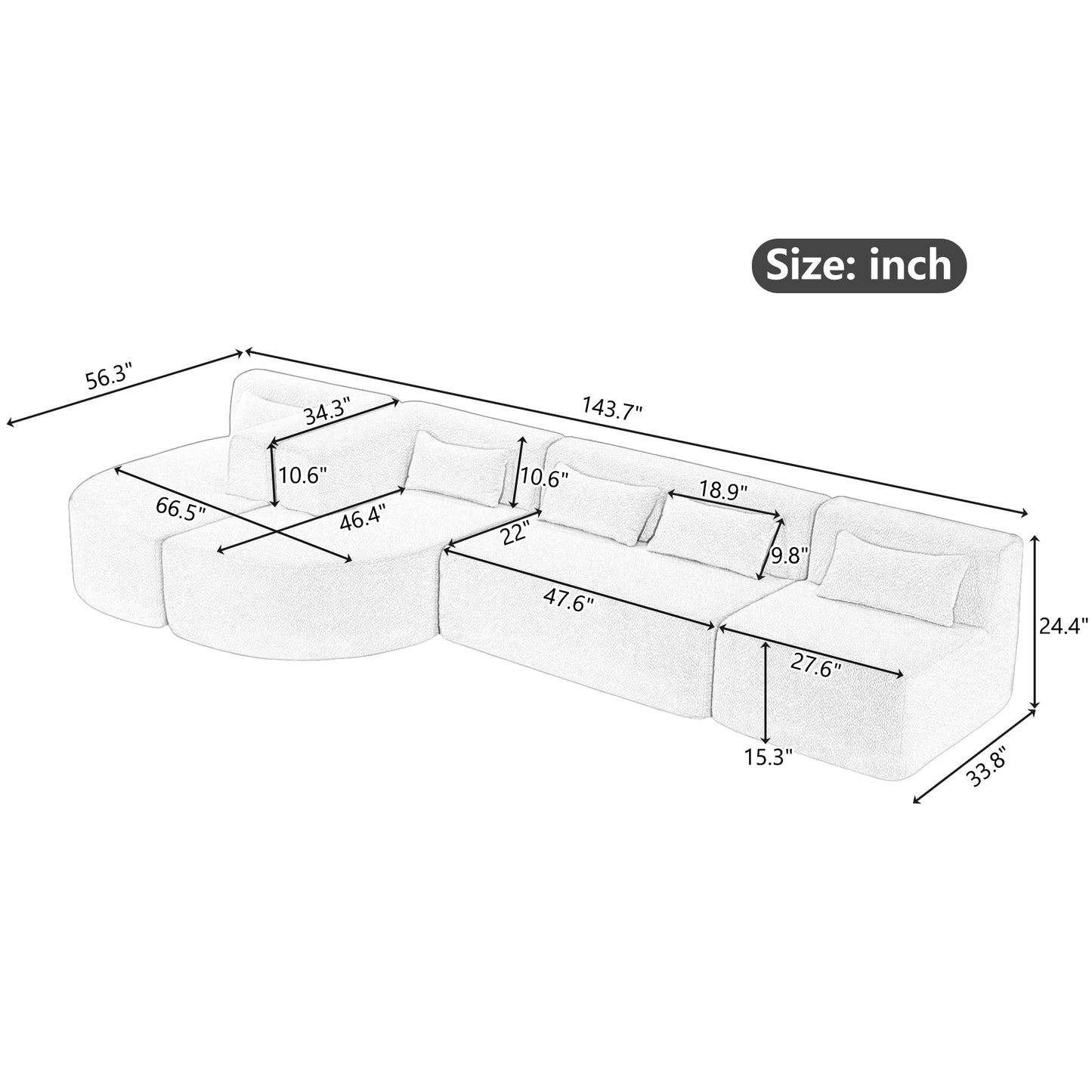 P PURLOVE Modular Sectional Sofa, 4 Free Combined Sofa Couch, Boucle Fabric Modern Upholstered Sofa with 2 Chaise Lounge and 5 Back Pillows for Living Room, Office, Apartment (Light Gray)