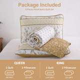 WONGS BEDDING Boho Floral Quilt Set King Size, Brown Patchwork Quilt Bedspread with Flower Botanical Leaves Printed, 3 Pieces Farmhouse Bedding Set for All Season(104"x90") WONGS BEDDING