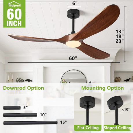 Ceiling Fans with Lights, 60 Inch Solid Wood Propeller Ceiling Fans with Lights and Remote Control Outdoor Ceiling Fan for Patios Indoor Living Room 3 Blades, Quiet DC Motor ETL Listed, Dark Walnut Haipeel