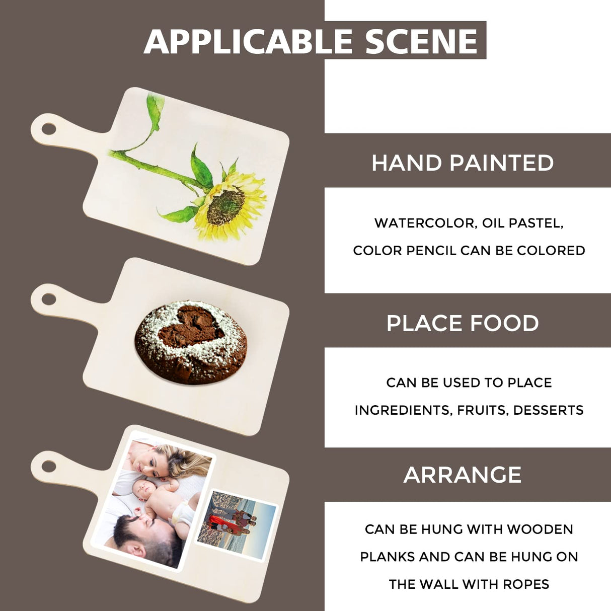 Oomcu 12 PCS Wooden Mini Cutting Board with Handle,Rectangle Unfinished Wood Craft Paddle Serving Tray Chopping Board Cutout for DIY Thanksgiving Christmas Home Kitchen Fruit Decor (9.1 x 5.5 Inch) Oomcu