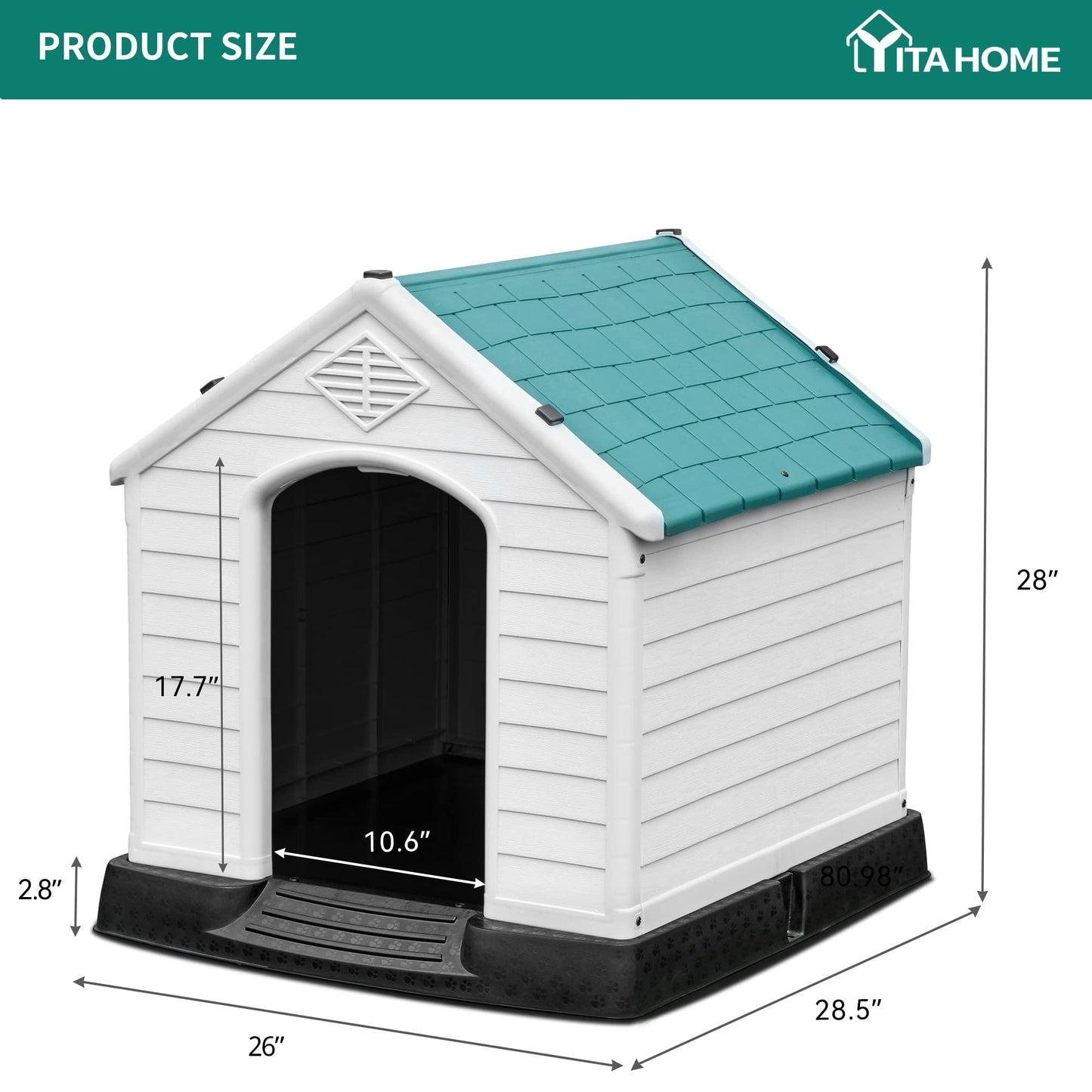 YITAHOME 28.5'' Plastic Dog House Outdoor Indoor Doghouse Puppy Shelter Water Resistant Easy Assembly Sturdy Dog Kennel with Air Vents and Elevated Floor (28.5''L*26''W*28''H, Blue)