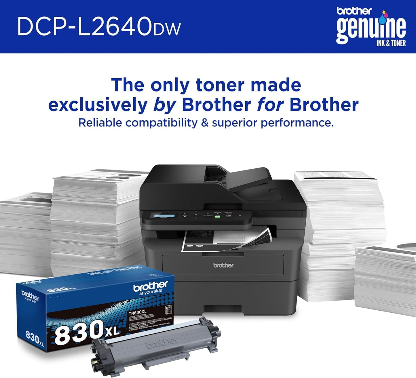 Brother DCP-L26 Series Wireless Monochrome 3-in-1 Laser Printer, 36 ppm in Black, 250 Sheets, Mobile Printing, Automatic Two-Sided Printing, Refresh Subscription Trial, Gray, with MTC Printer Cable