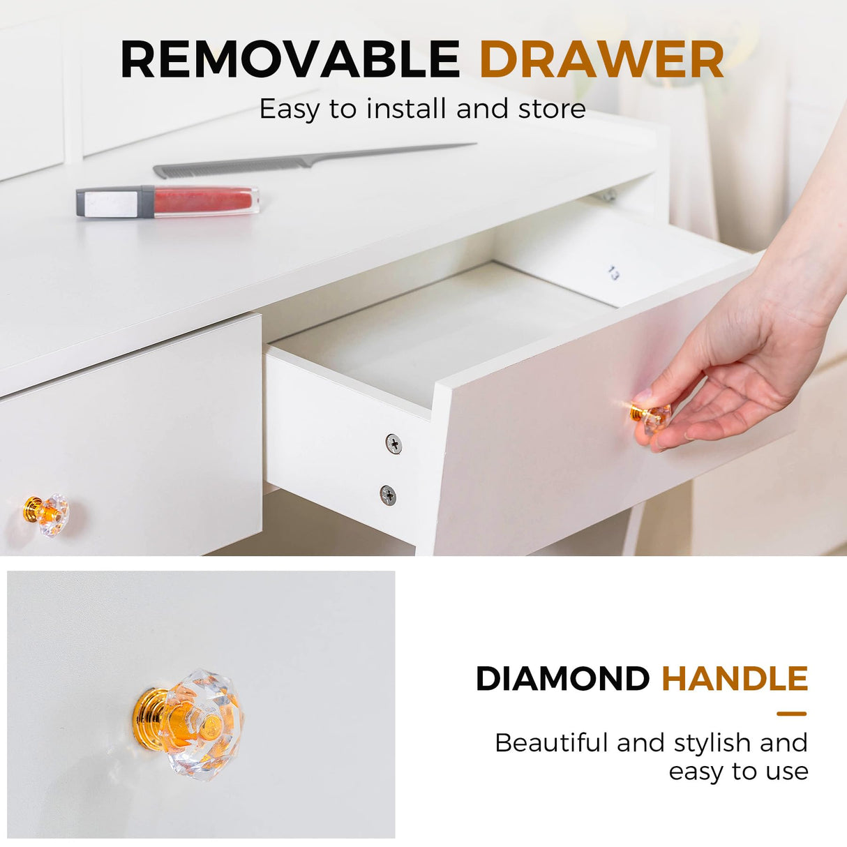 COMHOMA Makeup Vanity Desk with Mirror and Lights, Vanity Table and Chair Set with 5 Drawers and Charging Station, Bedroom Dresser LED Mirror Stepless Dimmable & 3 Color Modes Adjustable, White COMHOMA