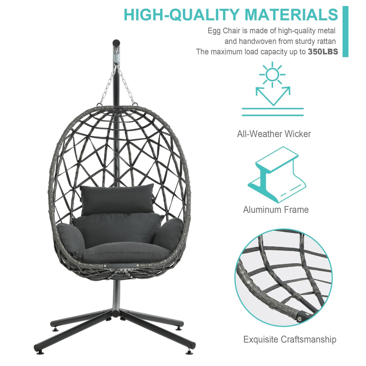 SWITTE Egg Swing Chair with Stand, Outdoor Patio Hanging Egg Chair, Indoor Hammock Chair with Cushion for Garden Backyard, 350LBS Capacity-Dark Grey SWITTE