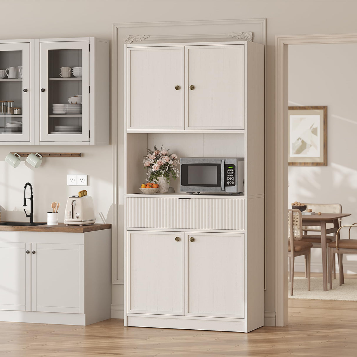 GarveeHome Kitchen Pantry Cabinet, 70" Tall Pantry Storage Cabinet with Countertop, Fluted Tall Cabinets with Doors and Drawer, Freestanding Cupboard for Dining Room, Living Room, Antique White GarveeHome