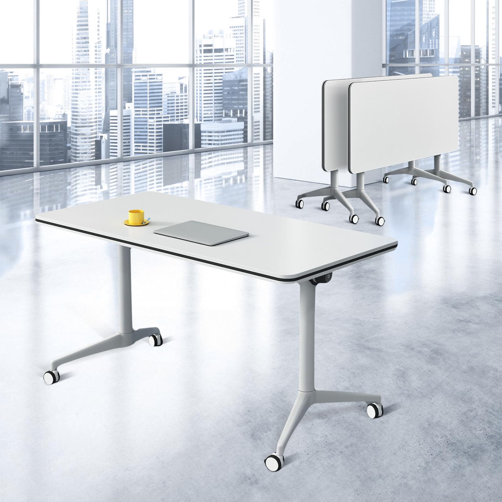 Conference Room Table Folding Conference Table, Modern Mobile Training Table with Wheels, White Foldable Seminar Meeting Tables for Office Meeting Conference Room (2pack 55.1in) - WoodArtSupply