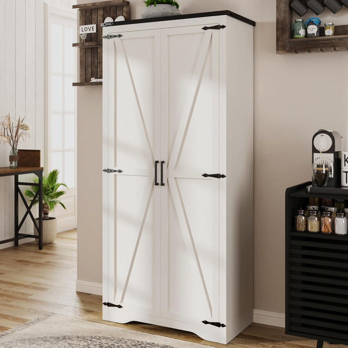 Befrases 72''H Farmhouse Storage Cabinet with Adjustable Shelves, Large Pantry Organize with 2 Barn Doors, Tall Freestanding Cabinet for Kitchen, Bathroom/Garage/Basement/Living/Utility Room, White Befrases