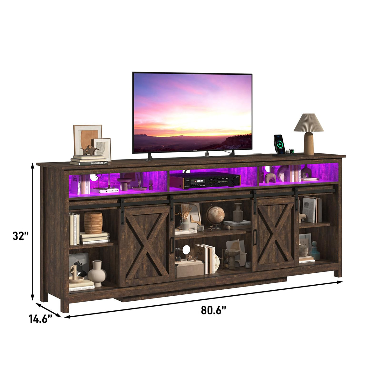 jiteentarou Farmhouse TV Stand for 90/85 Inch TV with Power Outlet, LED Entertainment Center with Storage and Sliding Barn Doors, Wood Media Console for Living Room, Brown jiteentarou