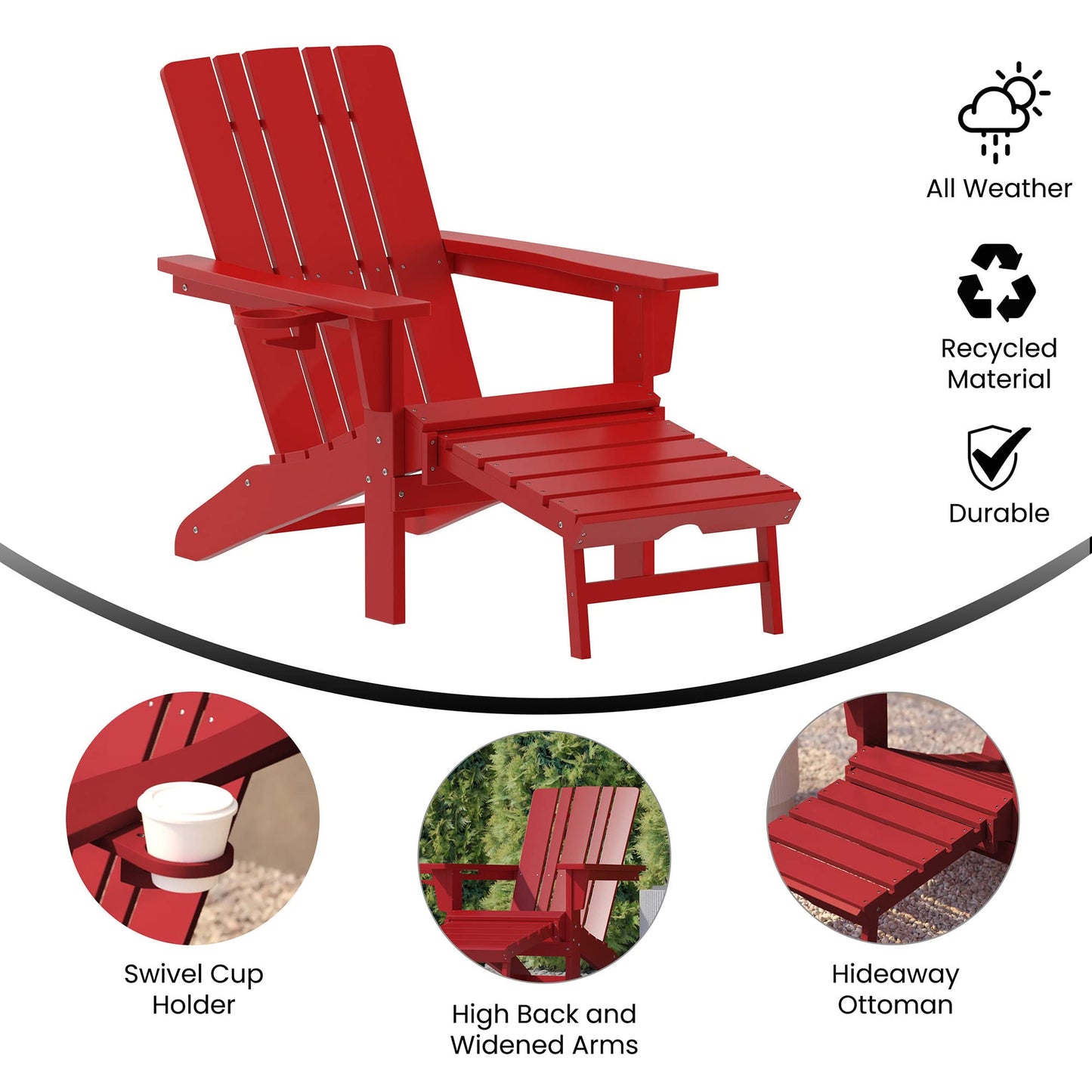 Flash Furniture Halifax Poly Resin Adirondack Chair with Cup Holder and Pull Out Ottoman, All-Weather Poly Resin Indoor/Outdoor Lounge Chair, Red