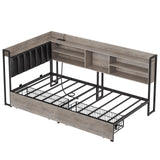 RALGEND Corner Bed Frame with Bookcase Storage and PU Upholstered, Twin Daybed with 2 Drawers and Charging Station, Metal Platform Bed Fram for Living Room, Bedroom, Guest Room, Gray and Black RALGEND