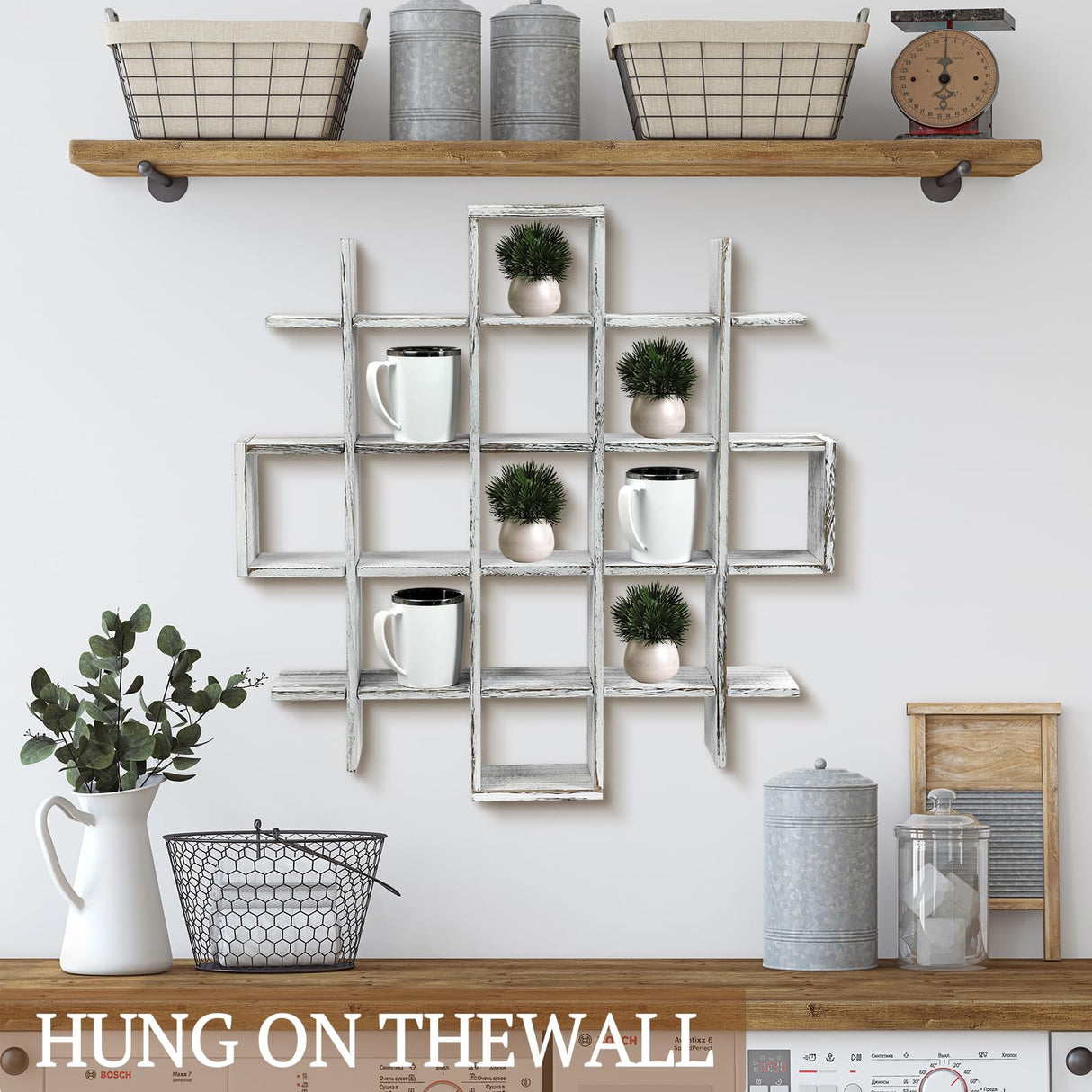 Suzile Oversize Coffee Mug Display Rack Wooden Display Shelves Rustic Wooden Floating Curio Shelf Travel Wall Mounted Coffee Mug Rack Holder Shadow Box Shelf (5.1x5.1x3in,Farmhouse White) Suzile