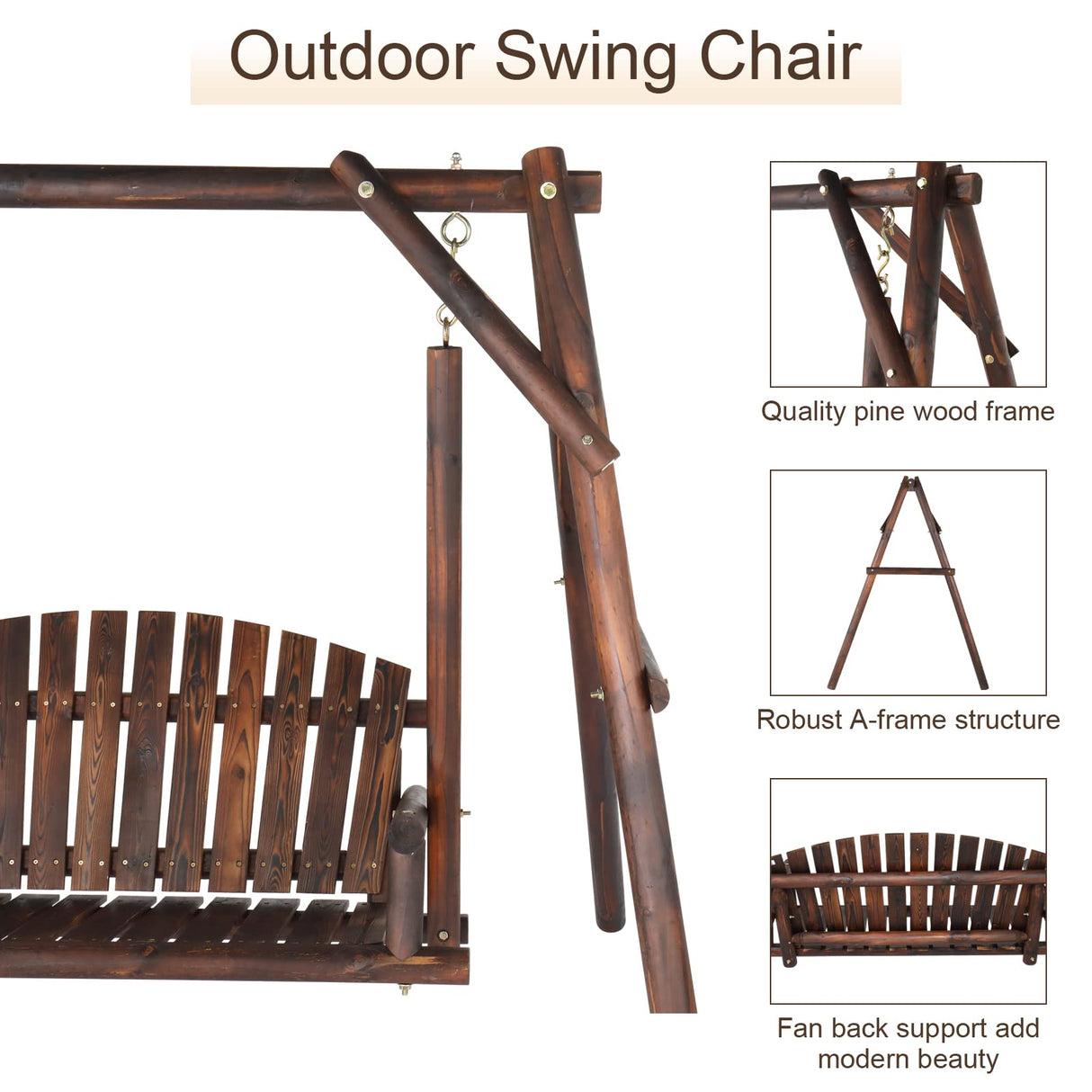 Ochine 6.5 Ft Patio Wooden Porch Swing Outdoor Swing Chair Bench Outdoor Patio Swing Chair Heavy Duty 600 LBS Rustic Hanging Log Porch Swing 2 Seater with Stand for Outdoor Patio Garden Yard Ochine