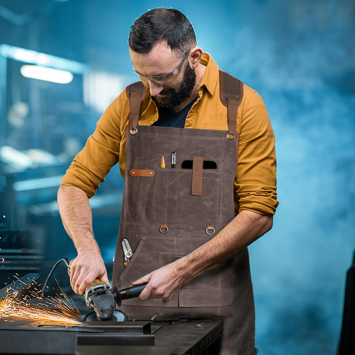 Lumil Waxed Canvas Woodworking Apron, Woodworking Apron for Men, 22oz with 9 Pockets & Cross Back Straps, Work Carpenter Shop Aprons for Men and Women, BBQ, Cooking, and Workshop, Mechanic (Brown) Lumil