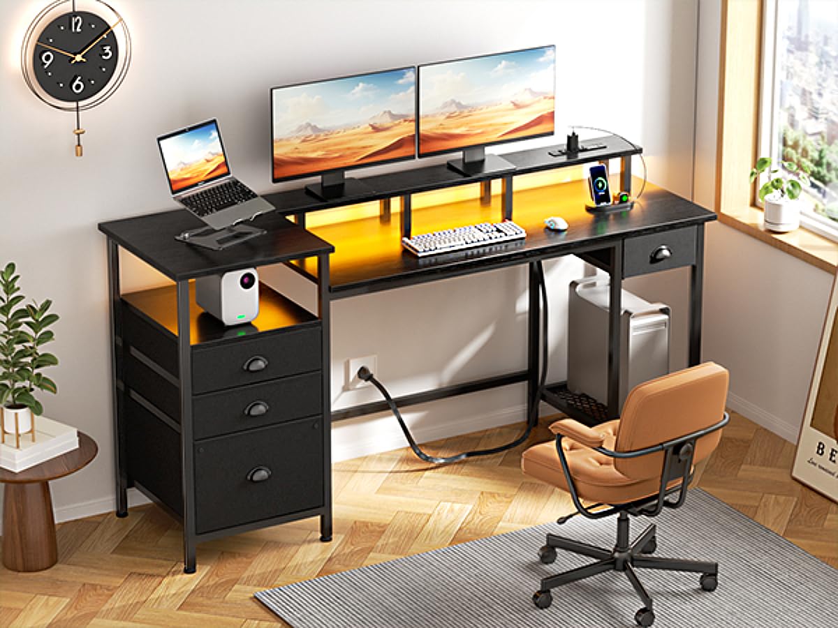 Furologee Black Computer Desk with 4 Drawers, 60" Long Office Desk with Fabric File Cabinet and Power Outlets, Gaming Desk with LED Lights, Study Writing Work Desk for Home Office Furologee