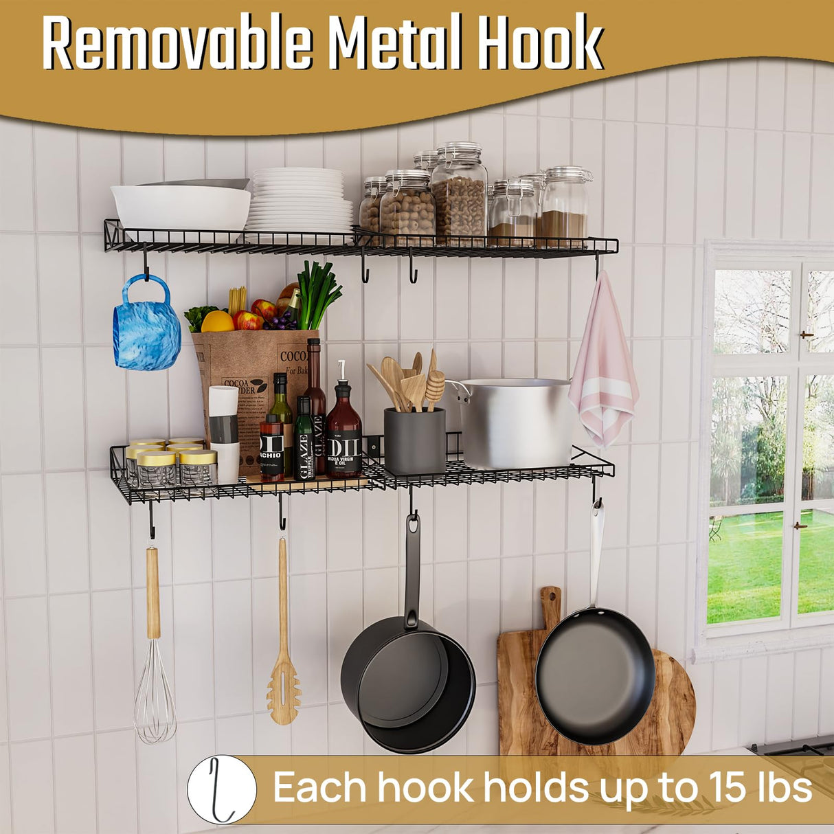 4 Pack Garage Wall Shelf, Garage Wall Mounted Shelving, Heavy Duty Floating Shelves With 8 Hooks, Loads 180 LBS Black Wall Shelves Mesh Storage Rack for Office, Basement, Wall Cabinet and Kitchen Riciakik