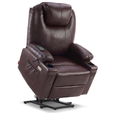 MCombo Large Power Lift Recliner Chair with Massage and Heat for Tall Elderly People, 3 Positions, Cup Holders, and USB Ports, Faux Leather 7516 (Large, Dark Brown) MCombo