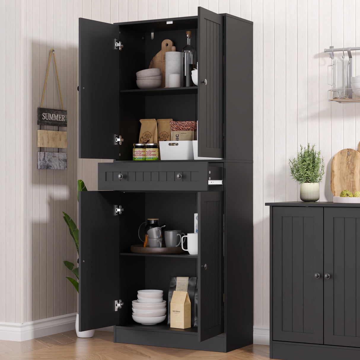 Furnify Kitchen Pantry Storage Cabinet, 71" H Farmhouse Pantry Cabinet with 4 Doors & Drawer, Freestanding Cupboard with Adjustable Shelves, Rustic Wood Cupboard for Kitchen, Dining Room, Black Furnify