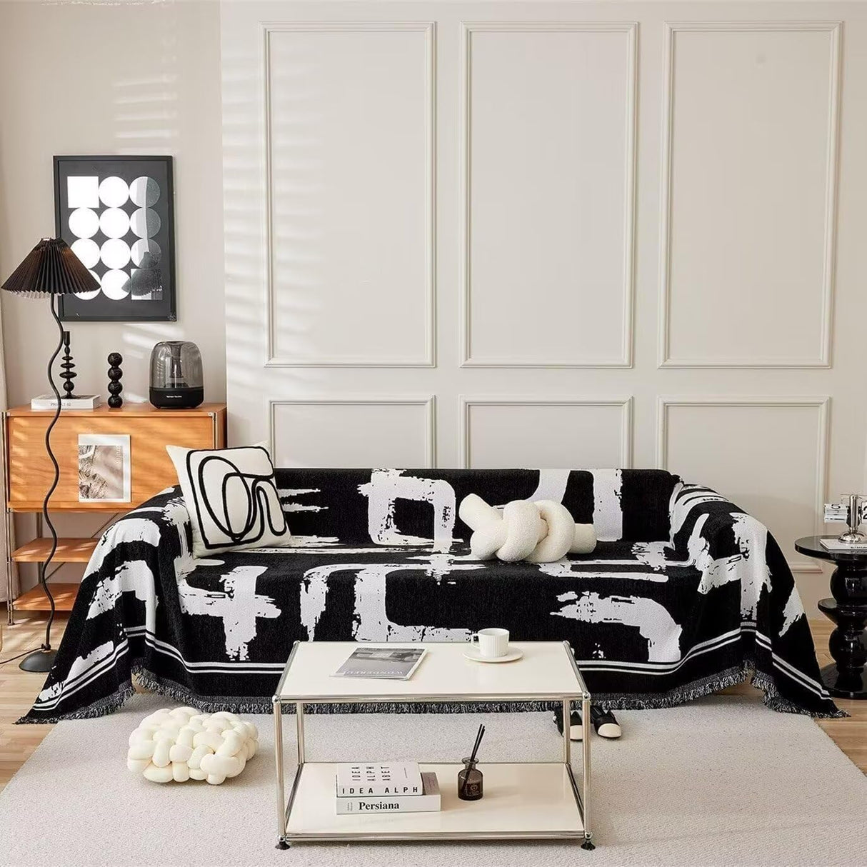 VClife Boho Couch Cover Black and White Sofa Cover Thick Non-Slip Chenille Couch Cover for 3 Cushion Couch Sofa (71" X 134") Pet-Friendly Breathable L Shape Sofa Cover Loveseat Cover with Tassel VClife