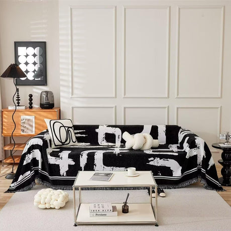 VClife Boho Couch Cover Black and White Sofa Cover Thick Non-Slip Chenille Couch Cover for 3 Cushion Couch Sofa (71" X 134") Pet-Friendly Breathable L Shape Sofa Cover Loveseat Cover with Tassel VClife