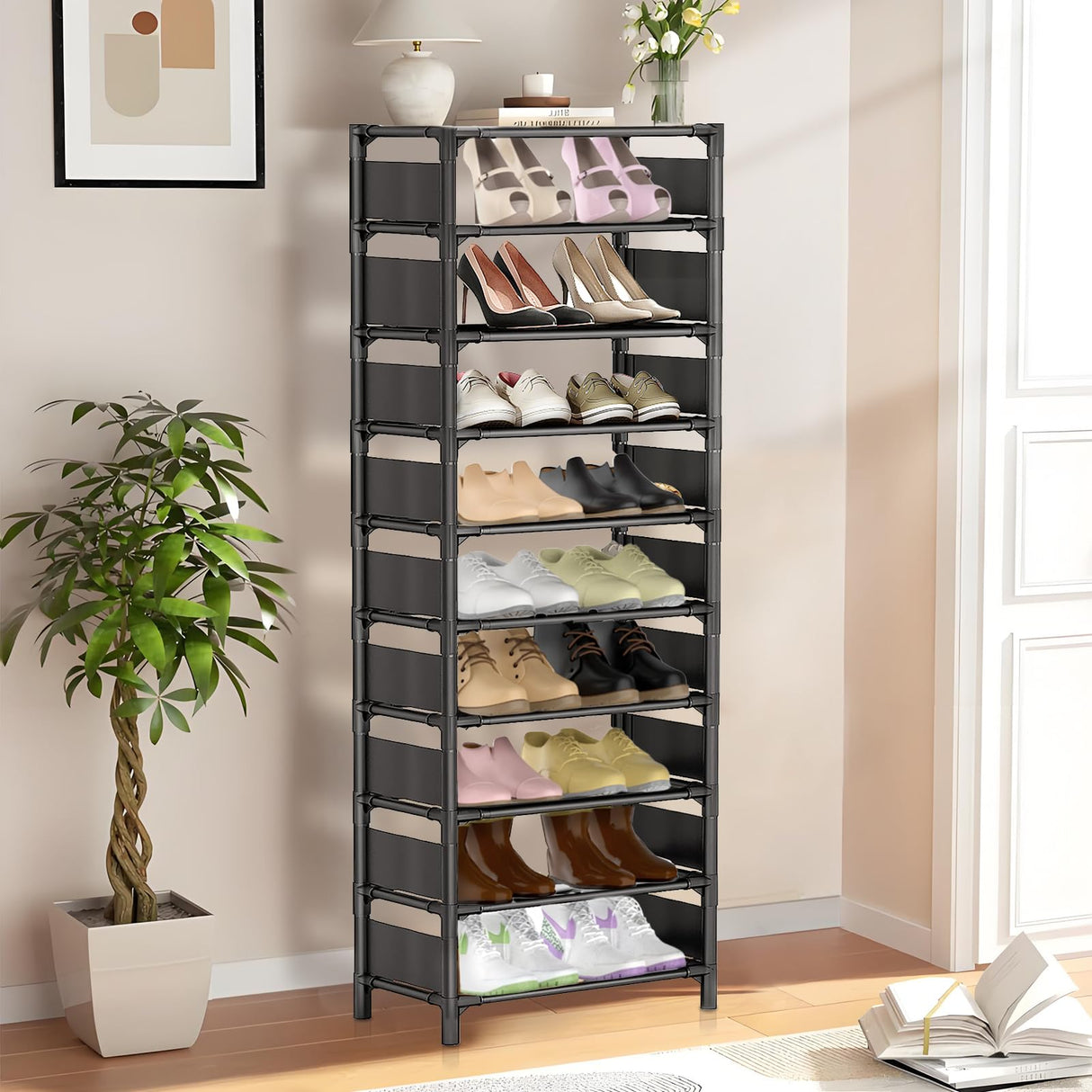 esonstyle 10 Tiers Vertical Shoe Rack Up to 20-25 Pairs, Sturdy Metal Narrow Shoe Rack Shoe Shelf, Space-Saving Tall Shoe Rack for Closet,Bedroom Hallway Garage Living Room esonstyle