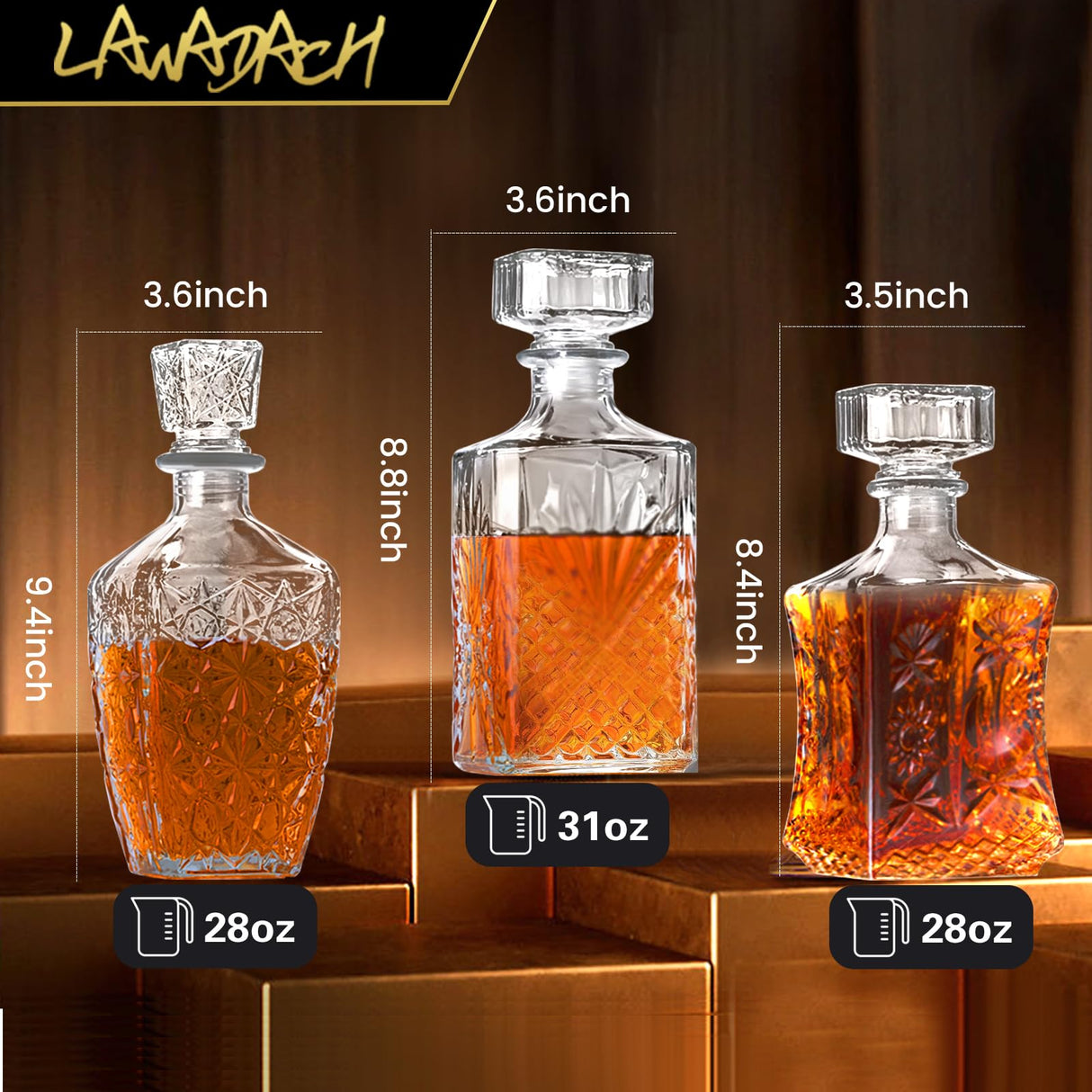LAWADACH Whiskey Decanter Glass Liquor Decanters Set of 3, Alcohol Bottle for Tequila, Brandy and Vodka Unique Liquor Bar and Party Decorations (28oz*2, 31oz*1) LAWADACH